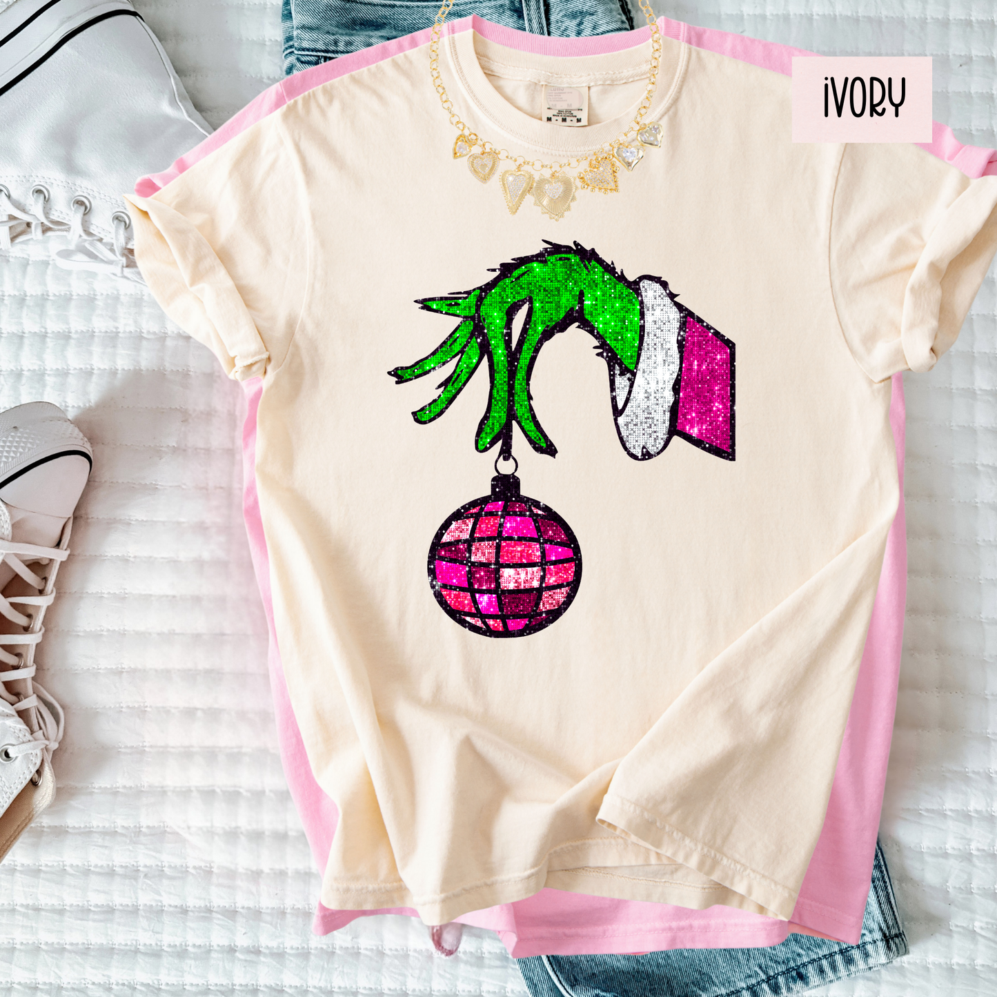 Christmas Hand & Disco Ornament Tee | Faux Glitter Holiday Shirt | Women’s Comfort Colors Tee