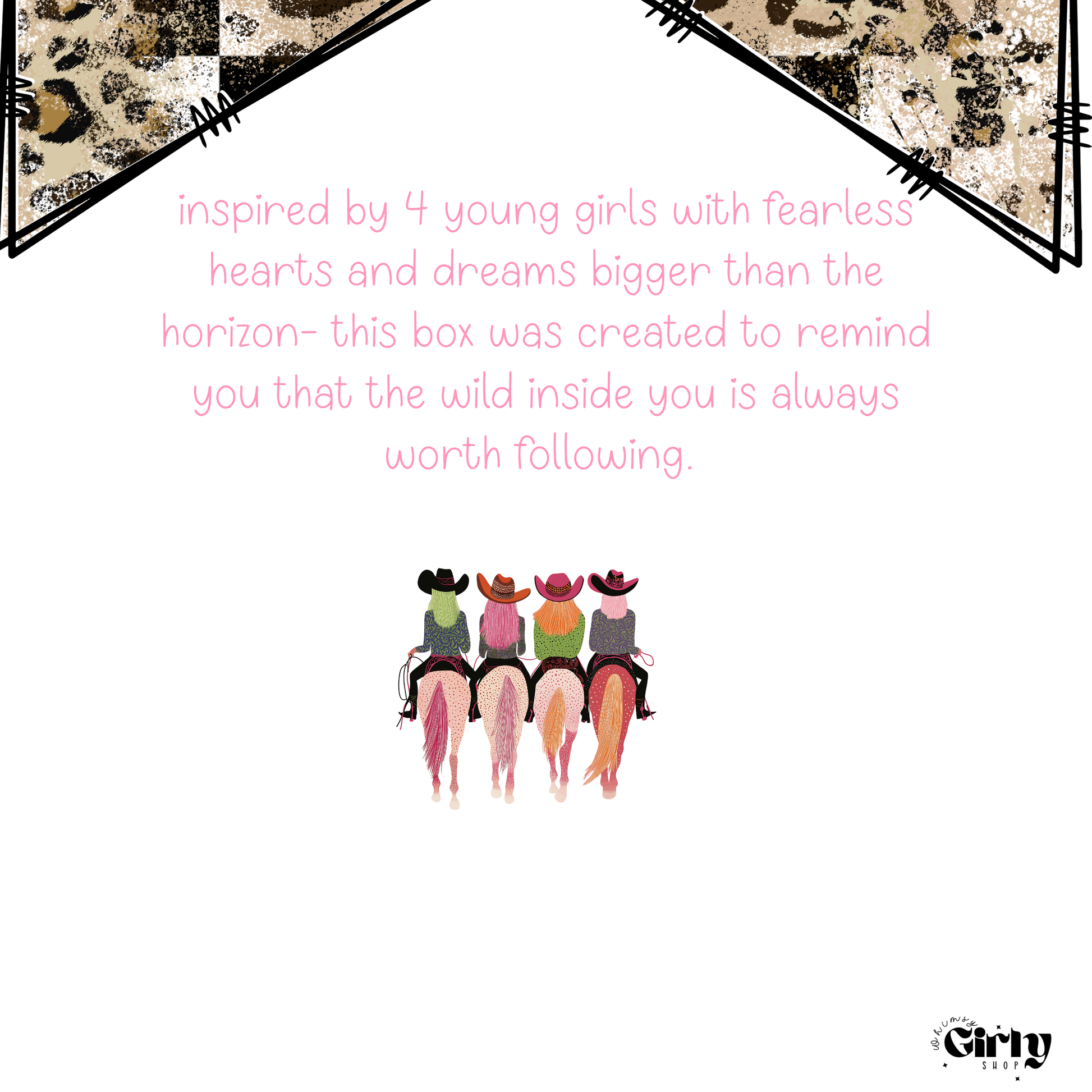 Product packaging with illustrations of four girls on horseback and text about fearless hearts and dreams.