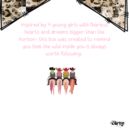 Product packaging with illustrations of four girls on horseback and text about fearless hearts and dreams.