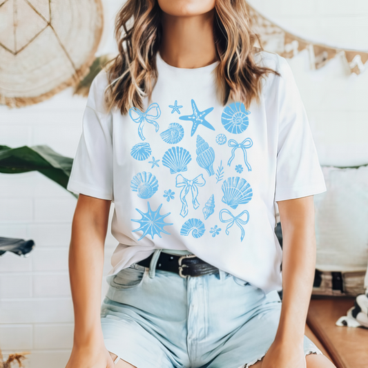 Coquette Clam Shell Tee – Pearl Bows & Summer Vibes Tee or Tank