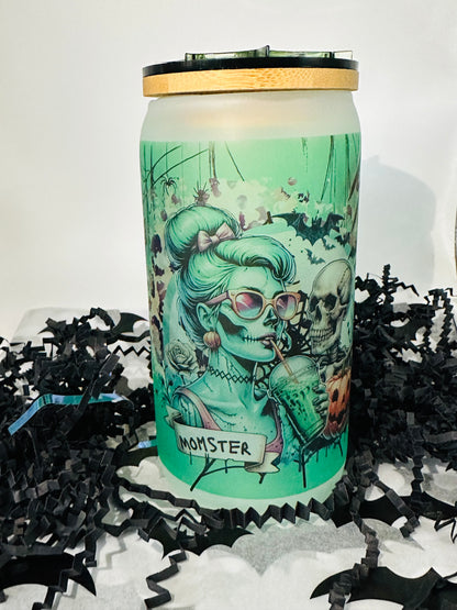 Personailzed "Momster" 16 oz Glass Cup with Spider Topper