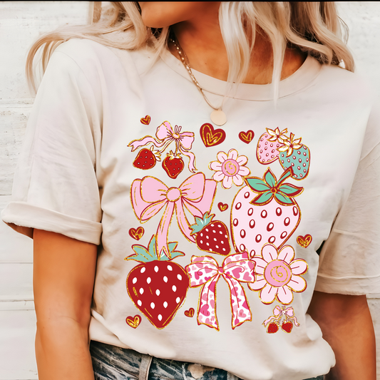 Coquette Strawberry Garden Tee – Bows, Blossoms & Summer Love Tee or Tank