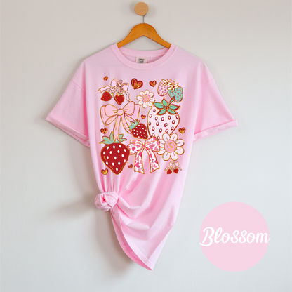 Coquette Strawberry Garden Tee – Bows, Blossoms & Summer Love Tee or Tank