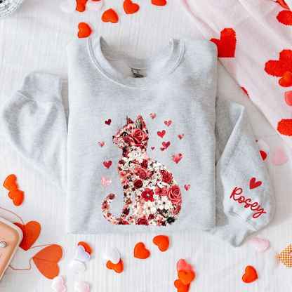 Personalized Valentine Cat Sweatshirt | Custom Cat Name Sleeve | Cute Valentine Outfit for Women