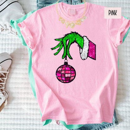 Christmas Hand & Disco Ornament Tee | Faux Glitter Holiday Shirt | Women’s Comfort Colors Tee