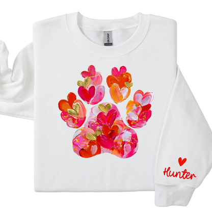 Personalized Valentine Dog Paw Sweatshirt | Custom Pet Name Sleeve | Cute Valentine Outfit for Women