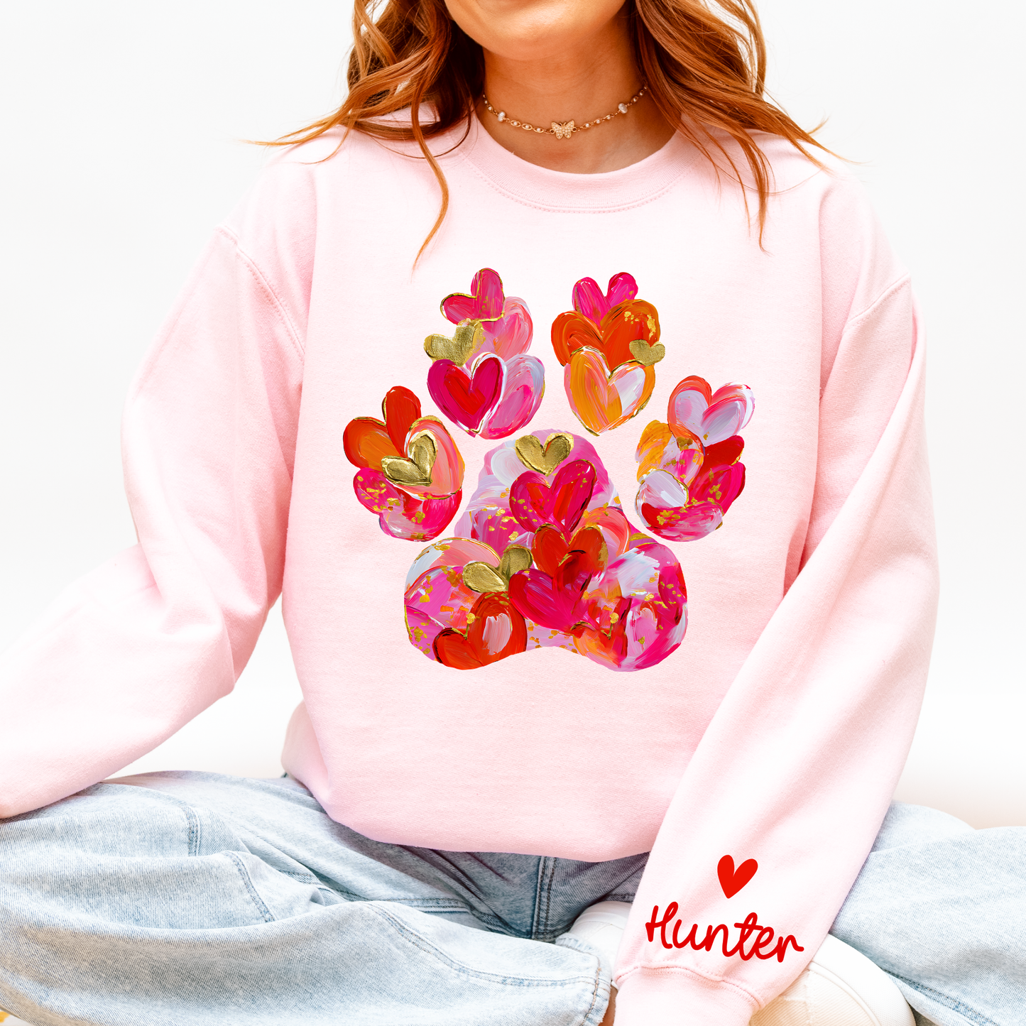 Personalized Valentine Dog Paw Sweatshirt | Custom Pet Name Sleeve | Cute Valentine Outfit for Women