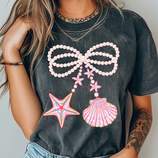 Coquette Clam Shell Tee – Pearl Bows & Summer Vibes