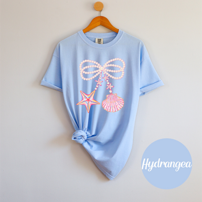 Coquette Clam Shell Tee – Pearl Bows & Summer Vibes