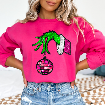 Grinch Hand Christmas Sweatshirt | Cute Holiday Crewneck for Women | Festive Winter Graphic Sweater