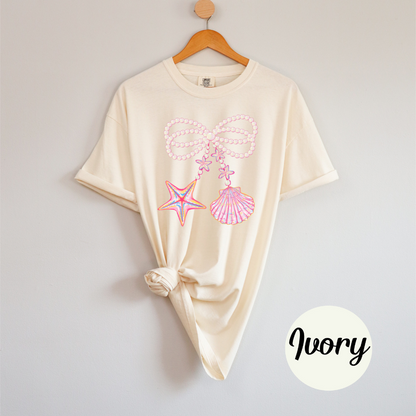 Coquette Clam Shell Tee – Pearl Bows & Summer Vibes