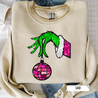 Grinch Hand Christmas Sweatshirt | Cute Holiday Crewneck for Women | Festive Winter Graphic Sweater
