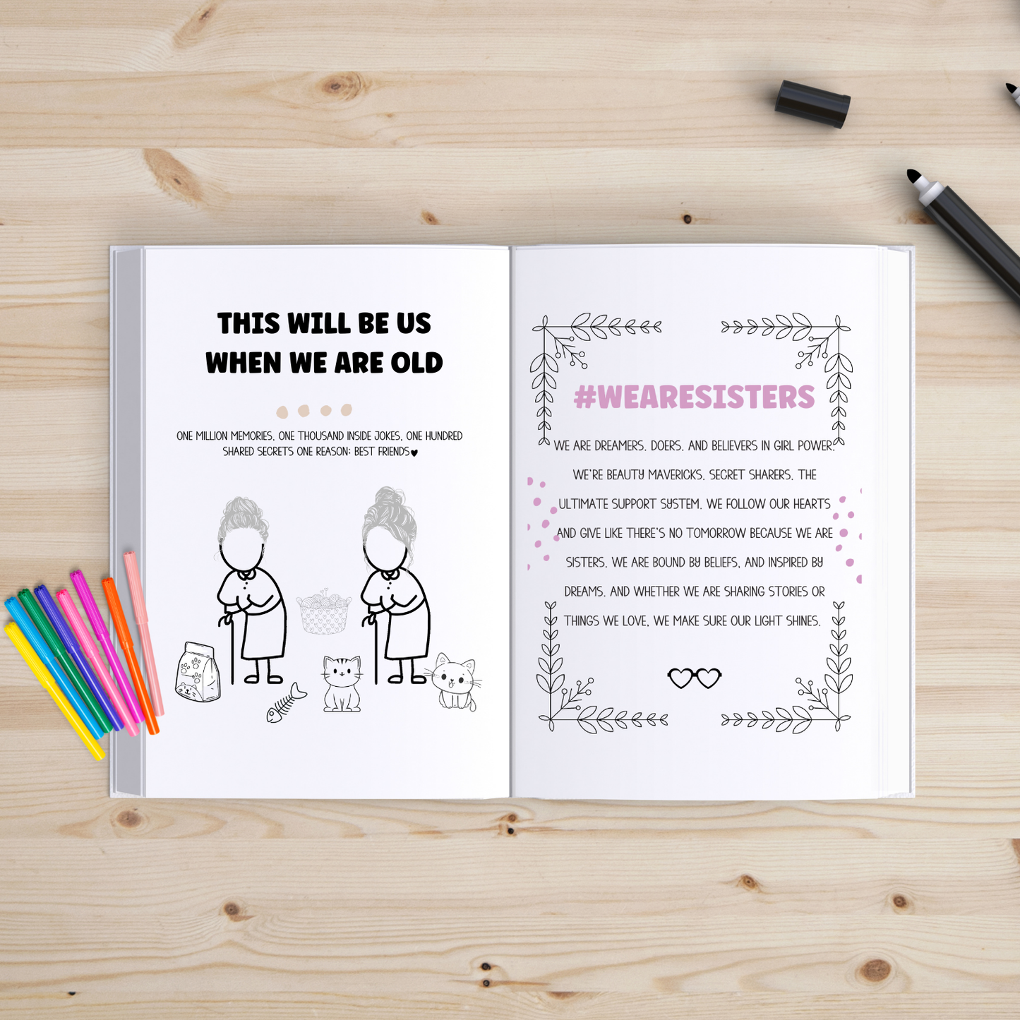 Open book with illustrations and text on a wooden surface with coloring supplies.