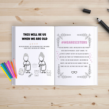 Open book with illustrations and text on a wooden surface with coloring supplies.