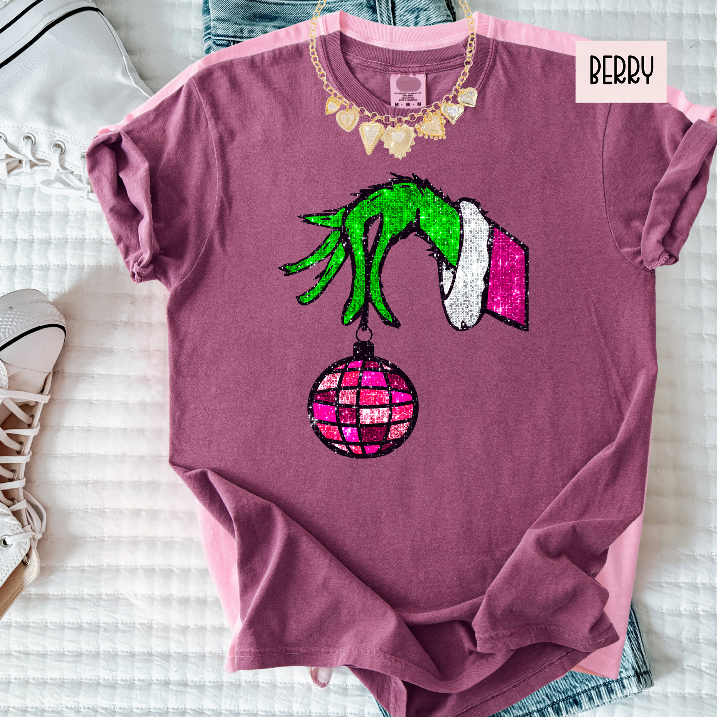 Christmas Hand & Disco Ornament Tee | Faux Glitter Holiday Shirt | Women’s Comfort Colors Tee