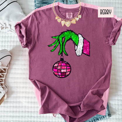 Christmas Hand & Disco Ornament Tee | Faux Glitter Holiday Shirt | Women’s Comfort Colors Tee