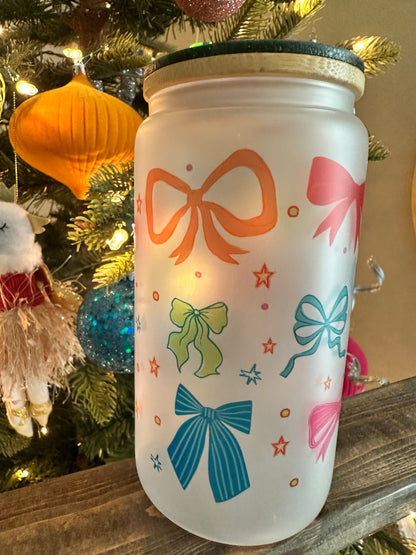 Colorful Christmas Bows Cup | Frosted 16oz Glass Can | Women’s Holiday Cup