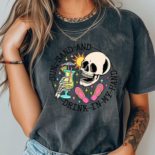 Sun, Sand & a Chance of Chaos Tee – Beach Babe Skeleton Vibes Womens Vacation Shirt