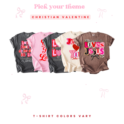 Four t-shirts with various designs and text on a white background, featuring the brand 'Christian Valentine'.