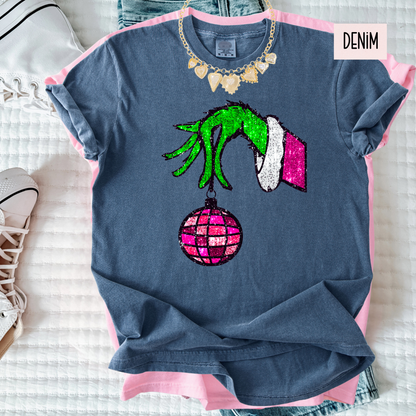 Christmas Hand & Disco Ornament Tee | Faux Glitter Holiday Shirt | Women’s Comfort Colors Tee