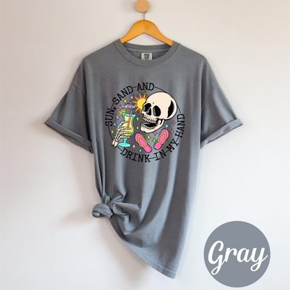 Sun, Sand & a Chance of Chaos Tee – Beach Babe Skeleton Vibes Womens Vacation Shirt