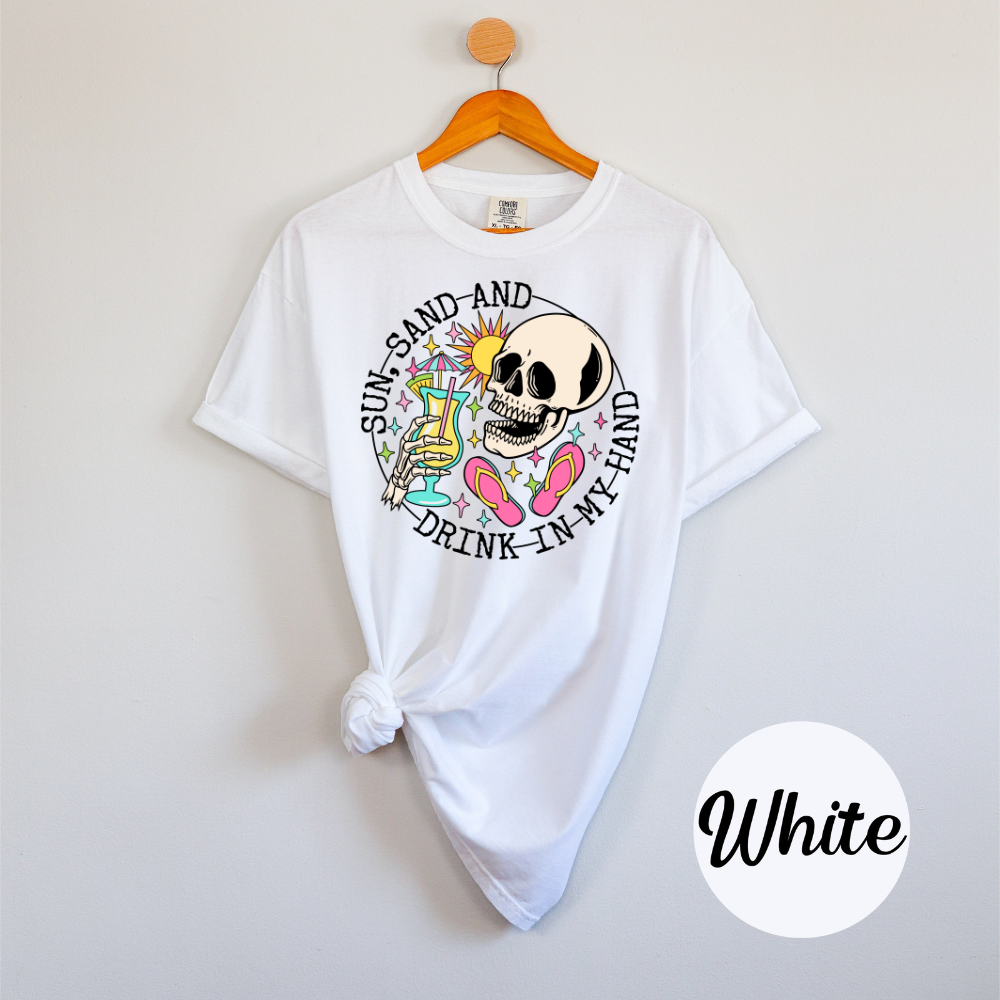 Sun, Sand & a Chance of Chaos Tee – Beach Babe Skeleton Vibes Womens Vacation Shirt