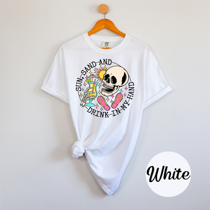 Sun, Sand & a Chance of Chaos Tee – Beach Babe Skeleton Vibes Womens Vacation Shirt