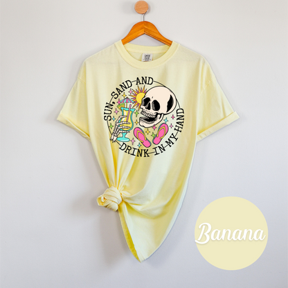 Sun, Sand & a Chance of Chaos Tee – Beach Babe Skeleton Vibes Womens Vacation Shirt