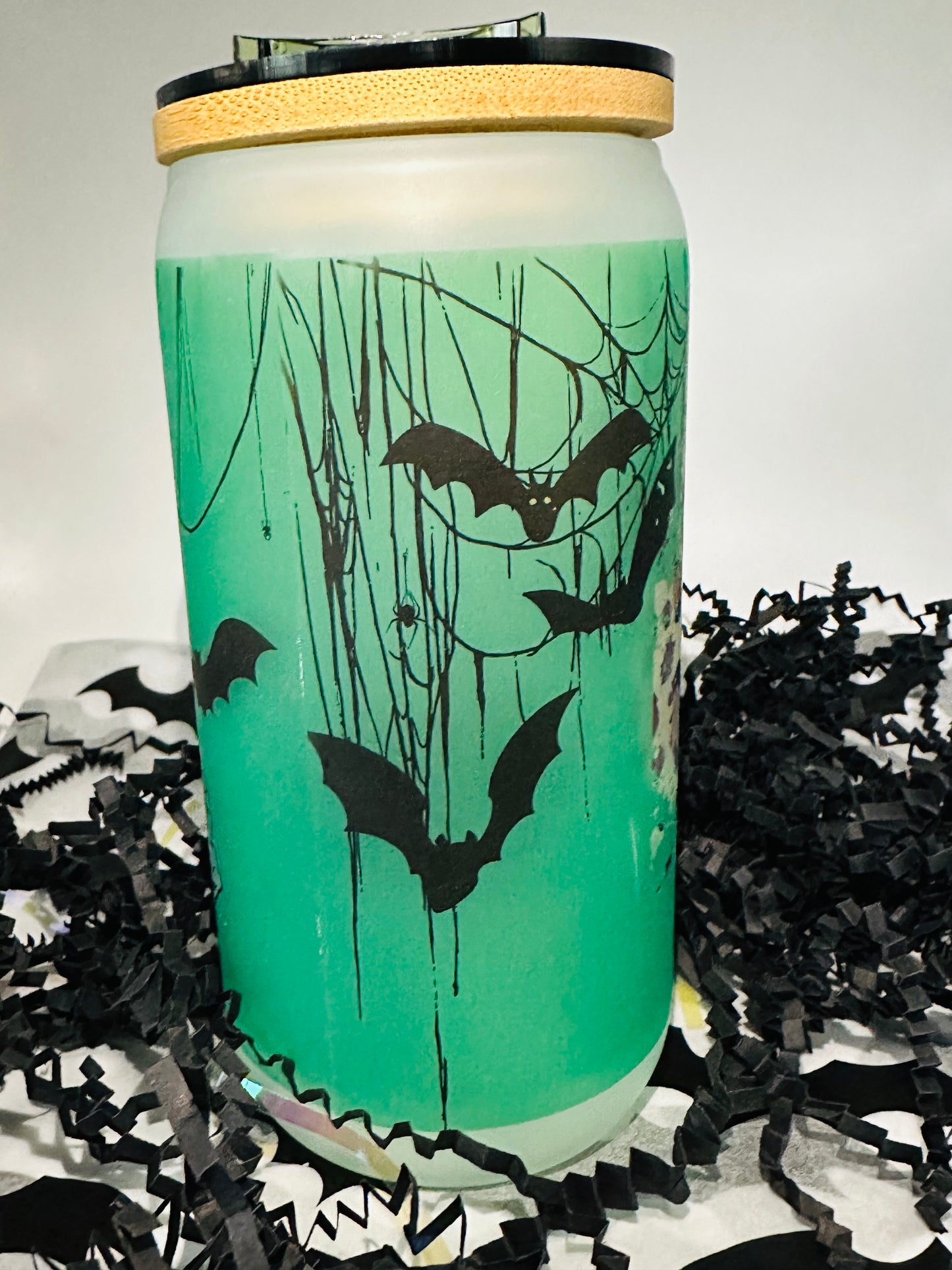 Personailzed "Momster" 16 oz Glass Cup with Spider Topper