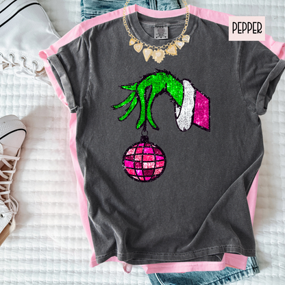 Christmas Hand & Disco Ornament Tee | Faux Glitter Holiday Shirt | Women’s Comfort Colors Tee