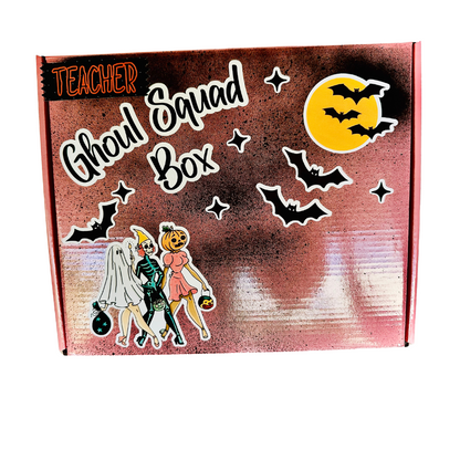 Whimsy Girly Shop Teacher Ghoul Squad Box, Halloween T-Shirt, Cup with Topper, Handcrafted Bow Earrings