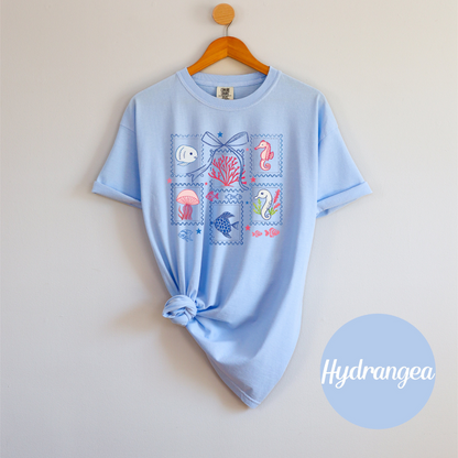 Coastal Patchwork Sea Life Tee – Comfort Colors Women’s T-Shirt