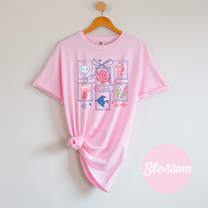 Coastal Patchwork Sea Life Tee – Comfort Colors Women’s T-Shirt