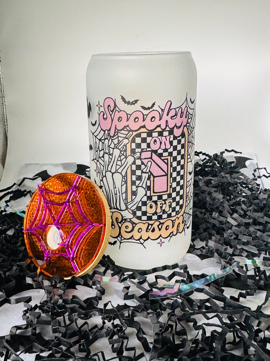 Personalized Glass Cup Spooky Season On Off with Spider Topper