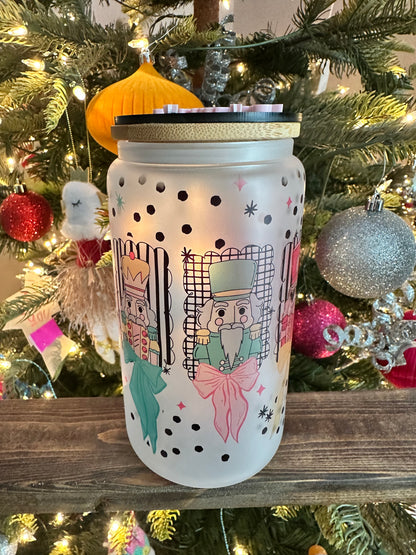 Pastel Nutcracker Christmas Cup | Frosted 16oz Glass Can | Women’s Holiday Iced Coffee Cup