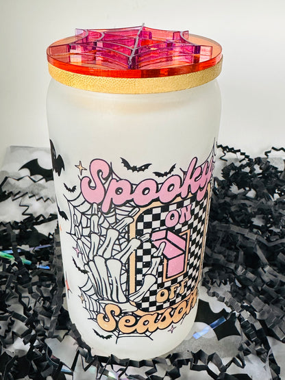 Personalized Glass Cup Spooky Season On Off with Spider Topper
