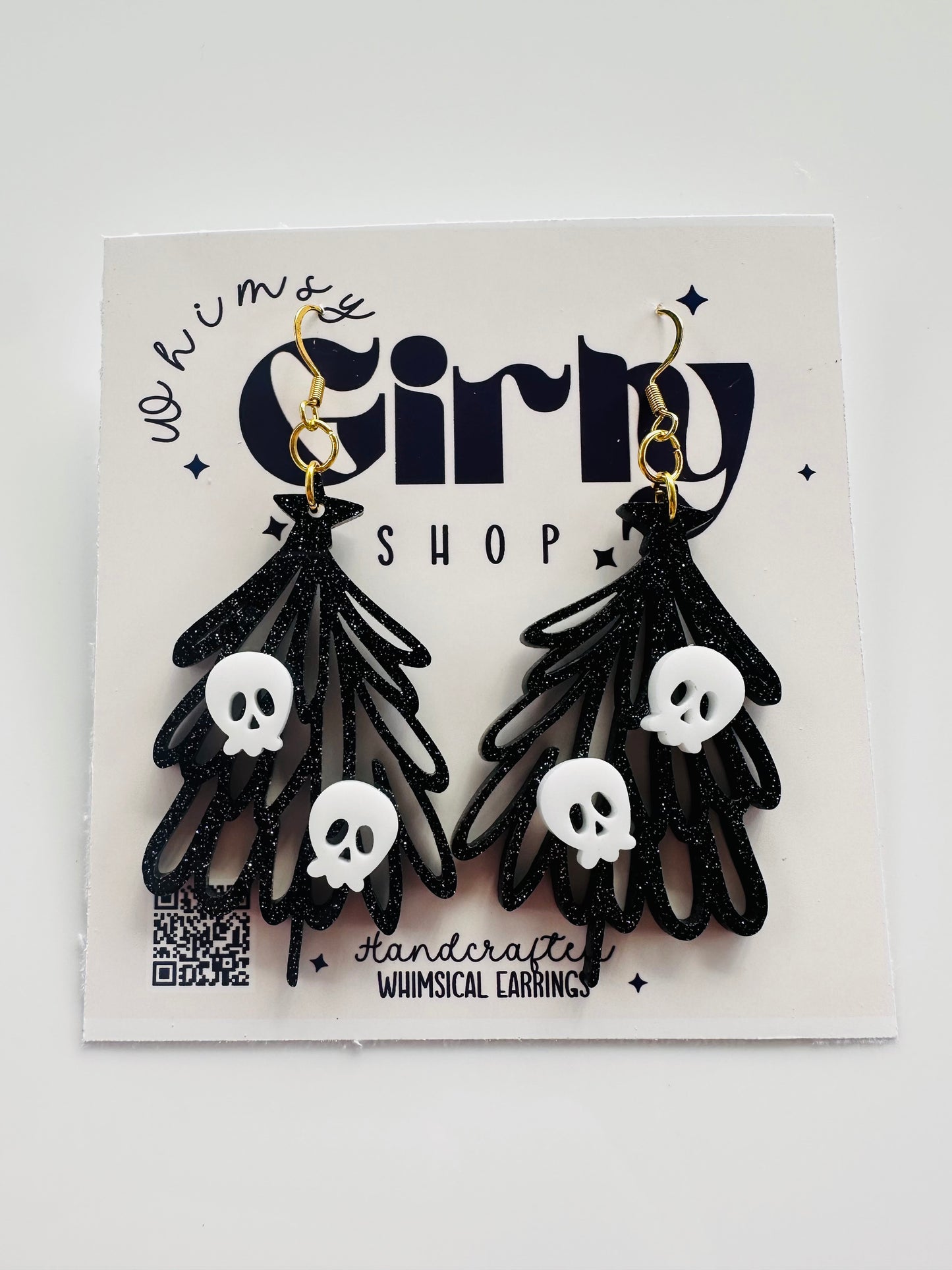 Spooky Christmas Tree Skull Earrings | Black Glitter Acrylic Dangle Earrings | Holiday Goth Jewelry Women