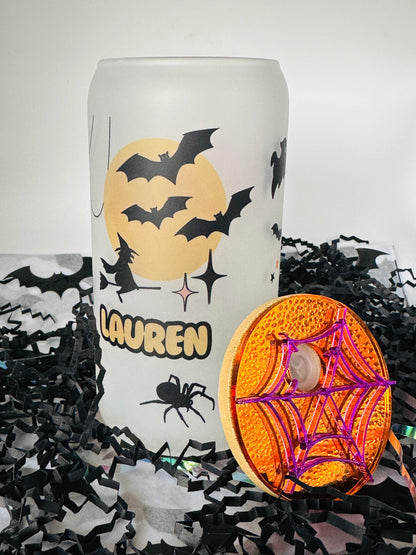 Personalized Glass Cup Spooky Season On Off with Spider Topper