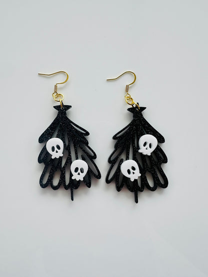 Spooky Christmas Tree Skull Earrings | Black Glitter Acrylic Dangle Earrings | Holiday Goth Jewelry Women