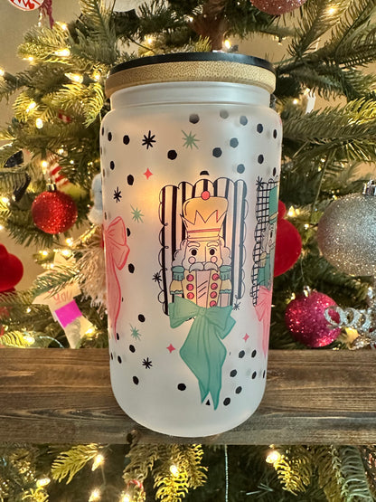 Pastel Nutcracker Christmas Cup | Frosted 16oz Glass Can | Women’s Holiday Iced Coffee Cup