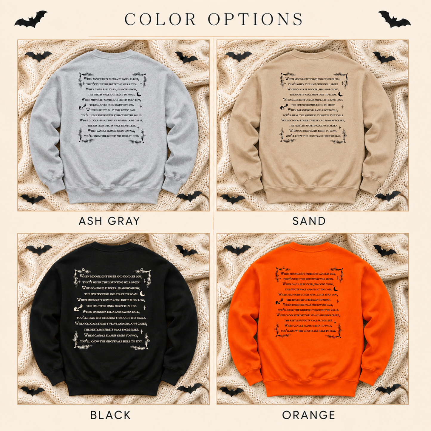 A color options graphic showing four sweatshirts laid flat on a textured cream background with bat illustrations. The top row shows light gray and sand versions, and the bottom row shows black and bright orange versions.