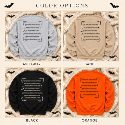 A color options graphic showing four sweatshirts laid flat on a textured cream background with bat illustrations. The top row shows light gray and sand versions, and the bottom row shows black and bright orange versions.