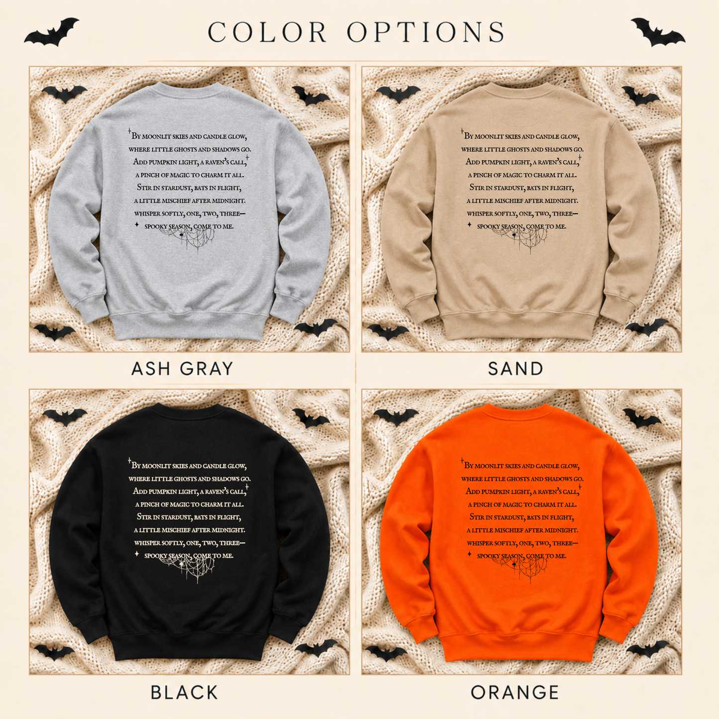 A color options graphic showing four sweatshirts laid flat on a textured cream background with bat illustrations and the heading 'COLOR OPTIONS.' The sweatshirts are labeled Ash Gray, Sand, Black, and Orange, each with a small white text print on the back.