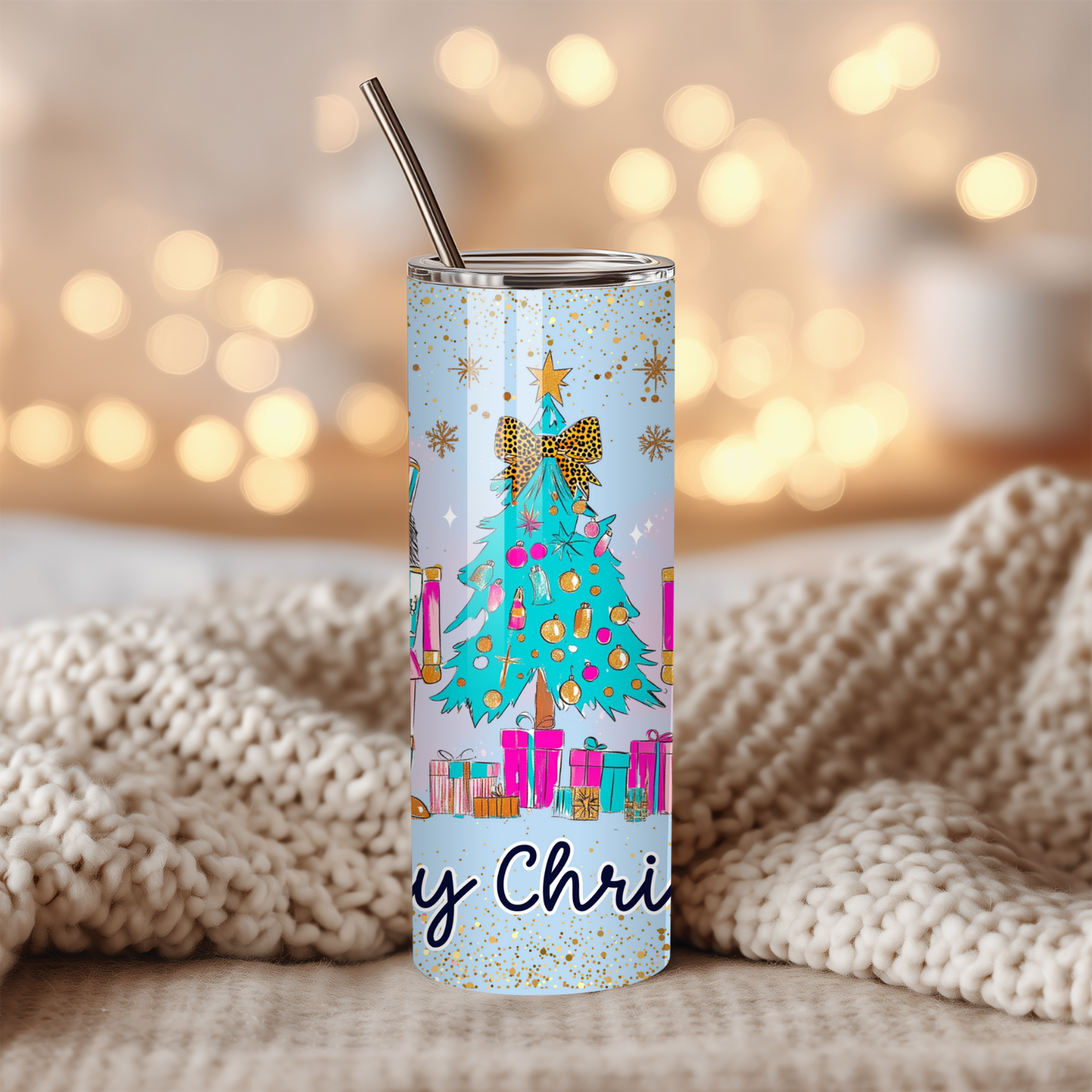Blue Nutcracker Christmas Tumbler | Whimsy Pastel Tree & Ballet Holiday Cup | Stainless Steel Tumbler