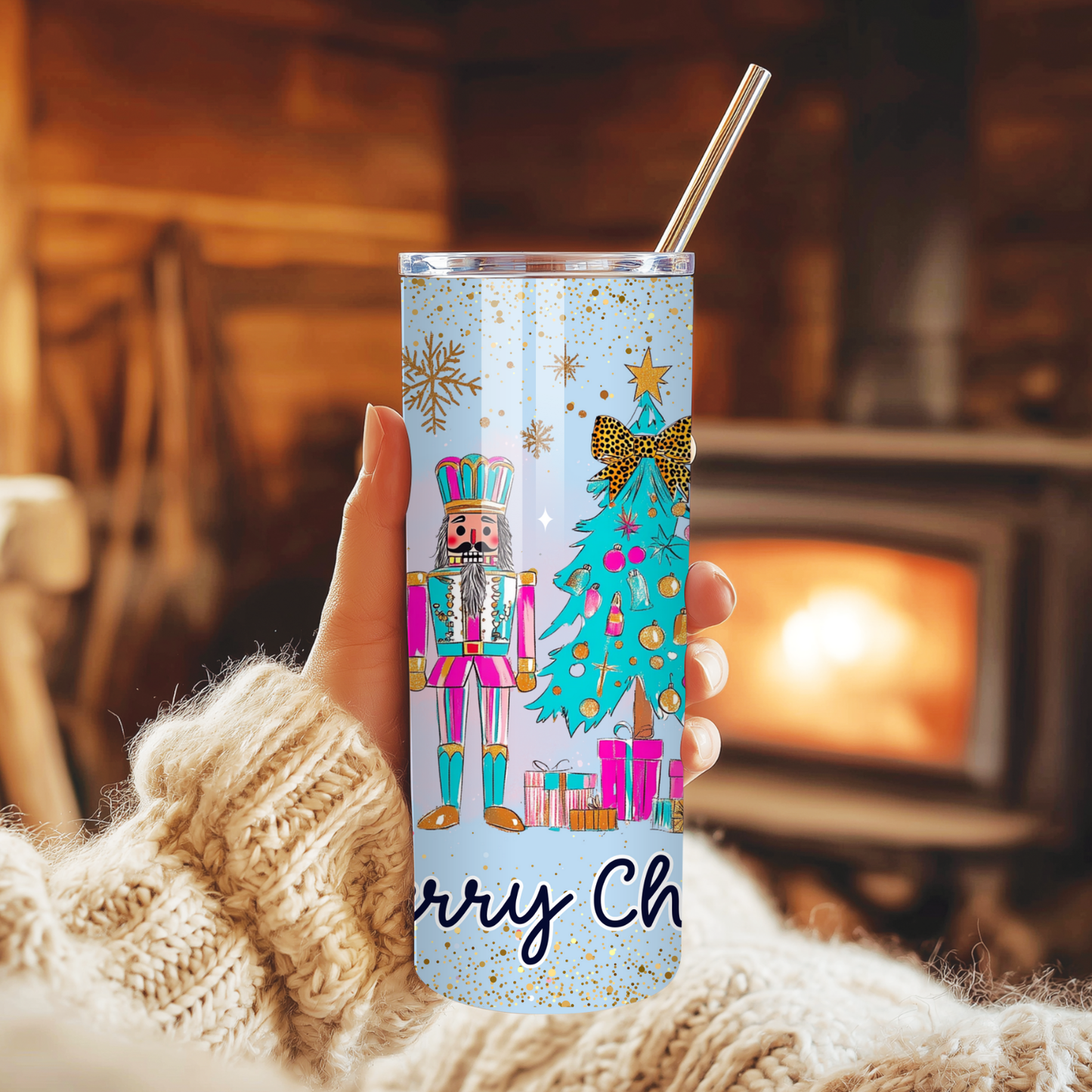 Blue Nutcracker Christmas Tumbler | Whimsy Pastel Tree & Ballet Holiday Cup | Stainless Steel Tumbler