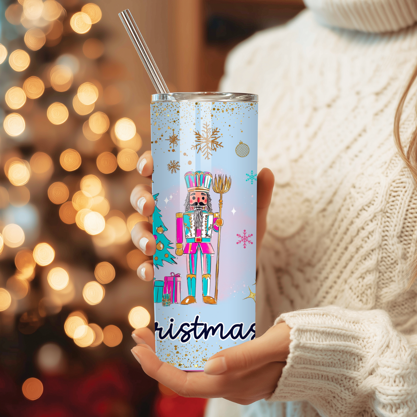 Blue Nutcracker Christmas Tumbler | Whimsy Pastel Tree & Ballet Holiday Cup | Stainless Steel Tumbler