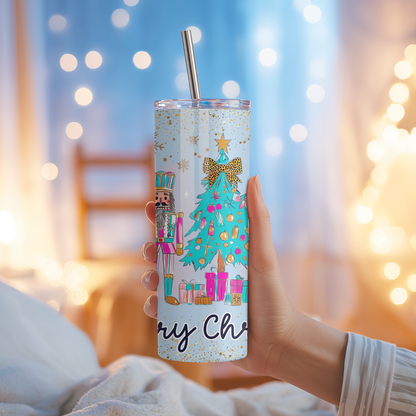Blue Nutcracker Christmas Tumbler | Whimsy Pastel Tree & Ballet Holiday Cup | Stainless Steel Tumbler