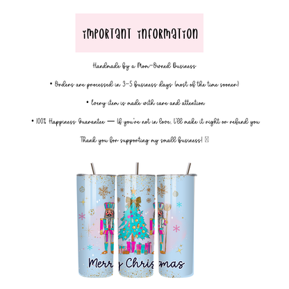 Blue Nutcracker Christmas Tumbler | Whimsy Pastel Tree & Ballet Holiday Cup | Stainless Steel Tumbler