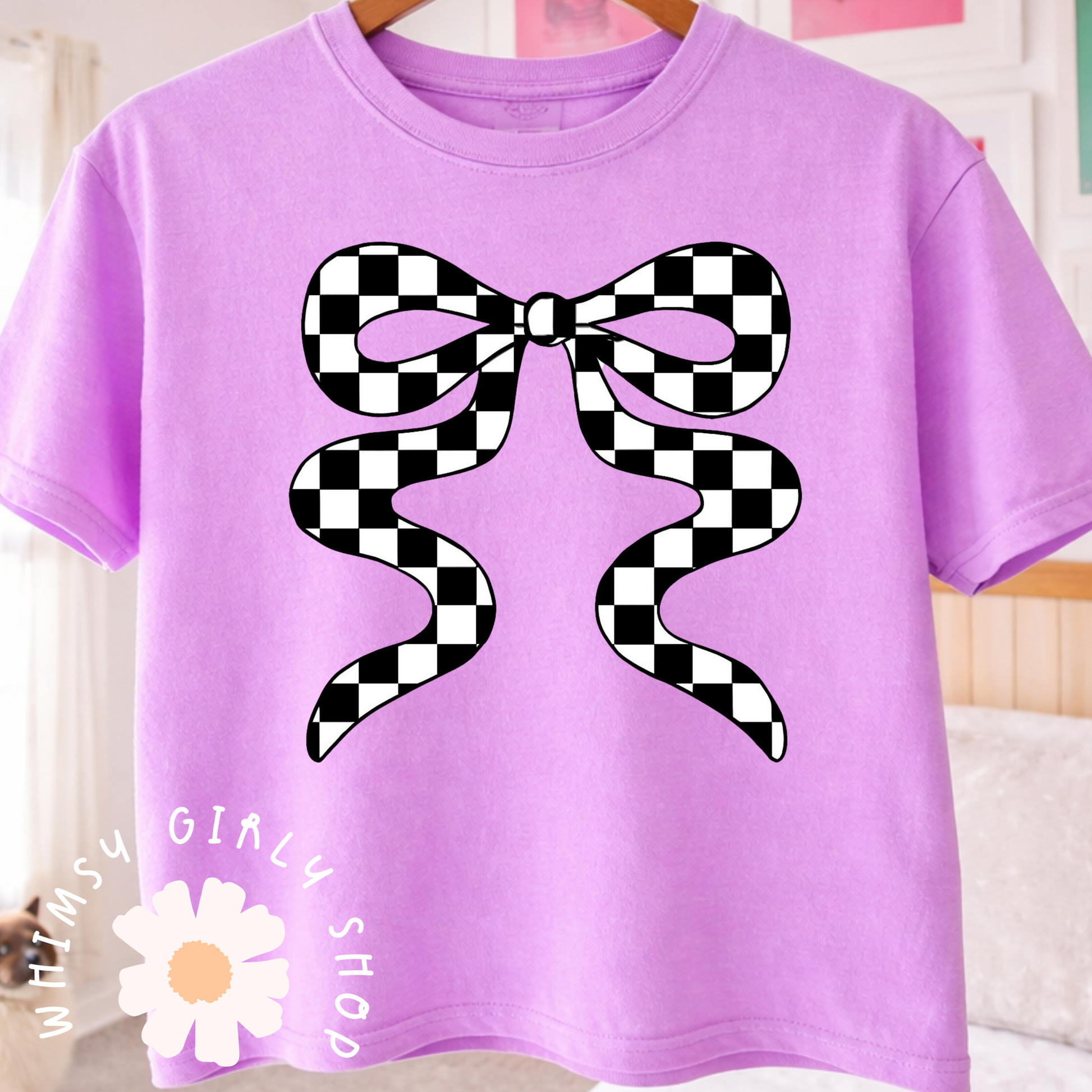 Checkered bow graphic t-shirt for women