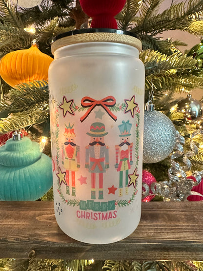 Nutcracker Wreath Christmas Cup | Frosted 16oz Glass Can | Women’s Holiday Iced Coffee Cup